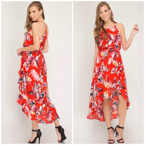 SHE & SKY HALTER FLORAL WRAP MIDI DRESS - Picture 3 of 8
